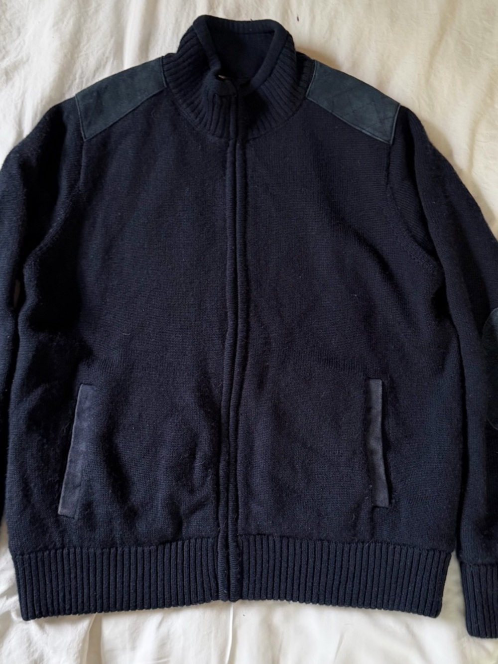 Orvis Men’s Dark Navy Full-Zip Merino Wool and Suede Sweater